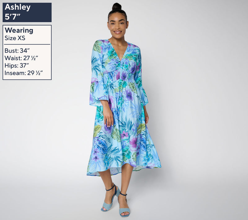 Susan Graver Petite Printed Dolce Woven Smocked Waist Midi Dress — View 3