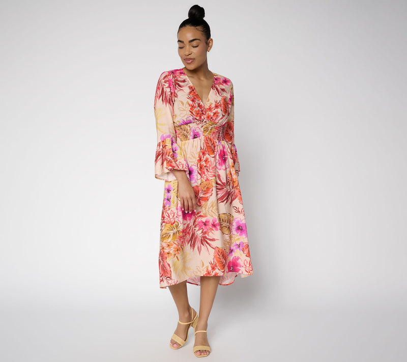 Susan Graver Petite Printed Dolce Woven Smocked Waist Midi Dress — View 9