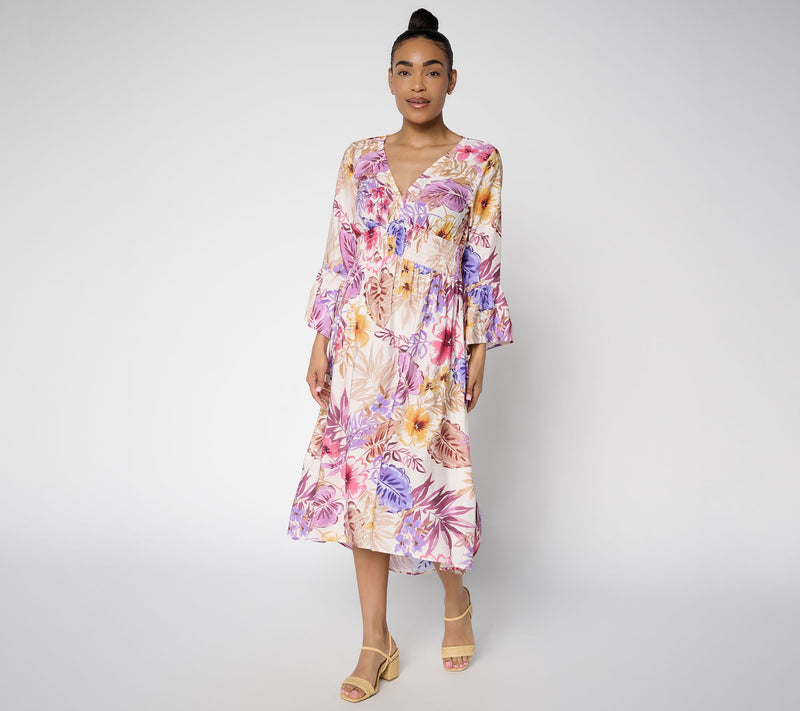 Susan Graver Petite Printed Dolce Woven Smocked Waist Midi Dress — View 11