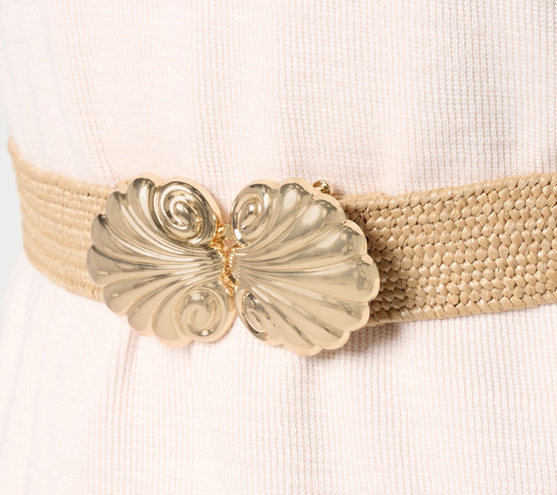 Susan Graver Stretch Raffia Belt with Novelty Shell Closure — View 3