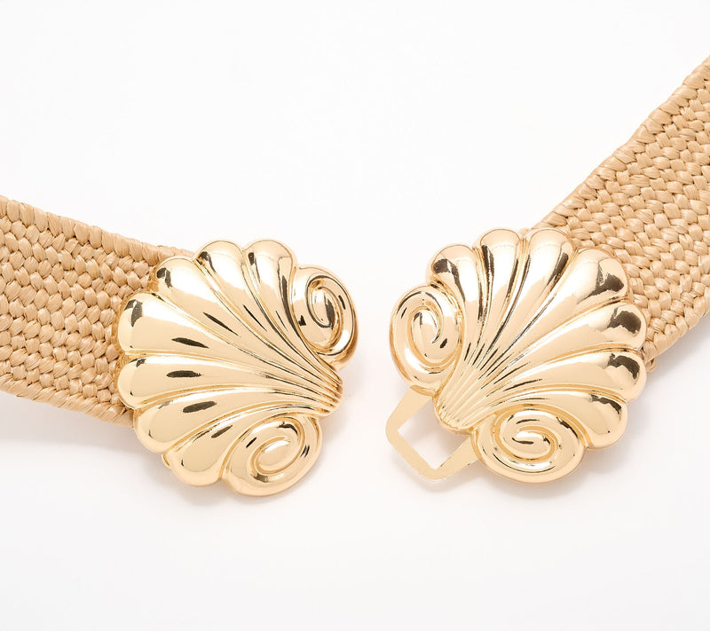 Susan Graver Stretch Raffia Belt with Novelty Shell Closure — View 2