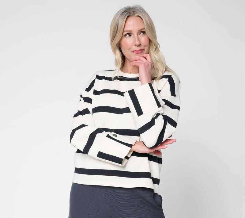 Peace Love World Striped Crew Neck Pullover with Cuff Detail — View 11