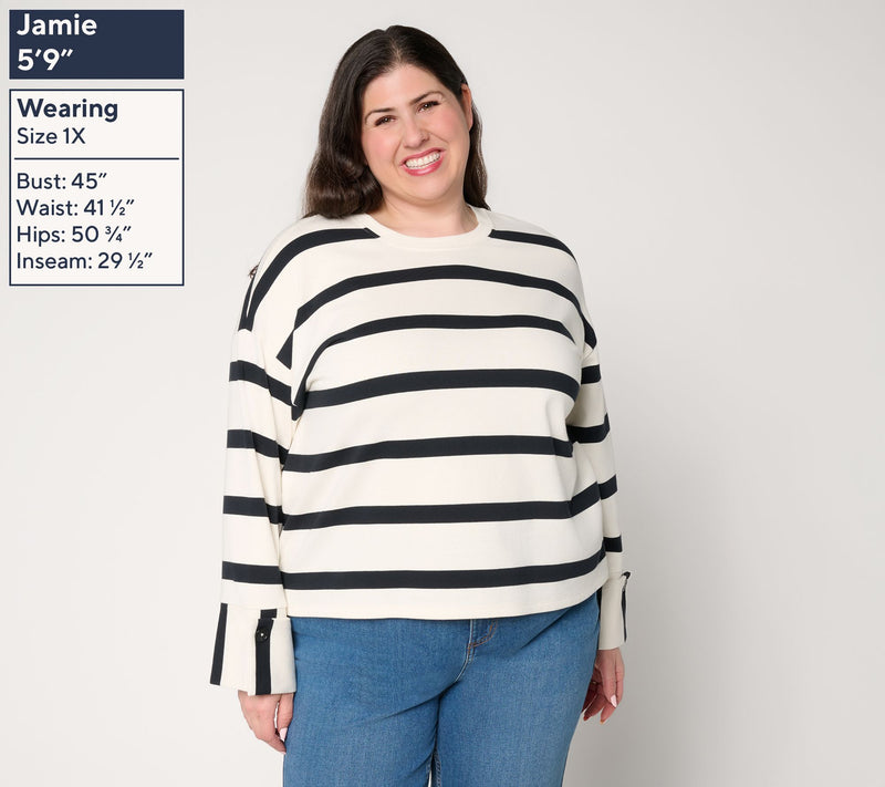 Peace Love World Striped Crew Neck Pullover with Cuff Detail — View 4