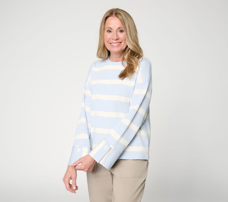 Peace Love World Striped Crew Neck Pullover with Cuff Detail — View 12