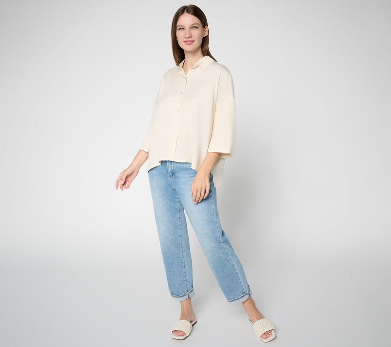 Peace Love World Boheme Button Front Shirt with Crochet Detail — View 5