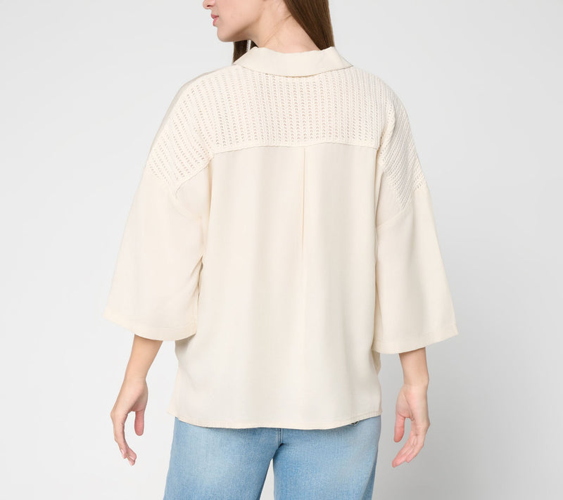 Peace Love World Boheme Button Front Shirt with Crochet Detail — View 4