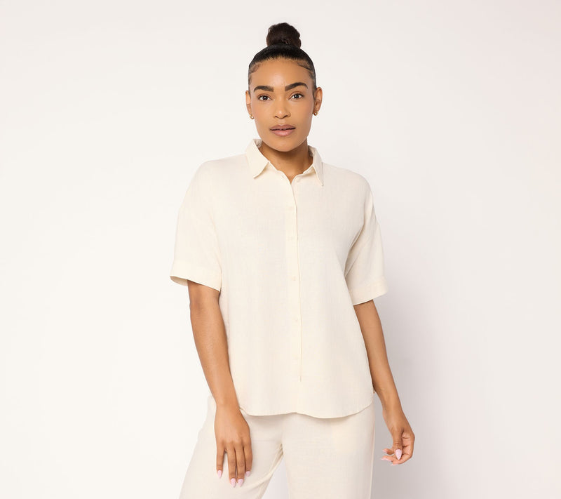 Peace Love World Boheme Linen Button Up Polo Top — View 11