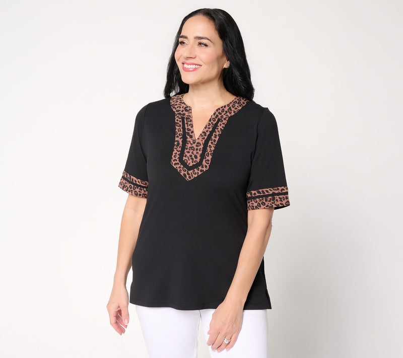 Belle by Kim Gravel Triple Luxe Lady Leopard Split Neck Top — View 12