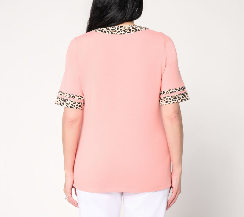 Belle by Kim Gravel Triple Luxe Lady Leopard Split Neck Top — View 4