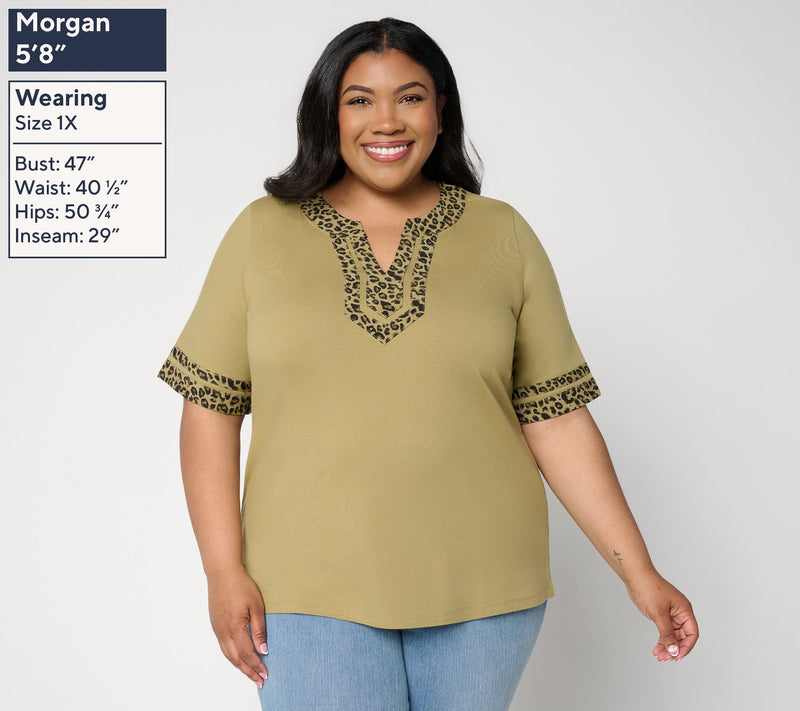 Belle by Kim Gravel Triple Luxe Lady Leopard Split Neck Top — View 2