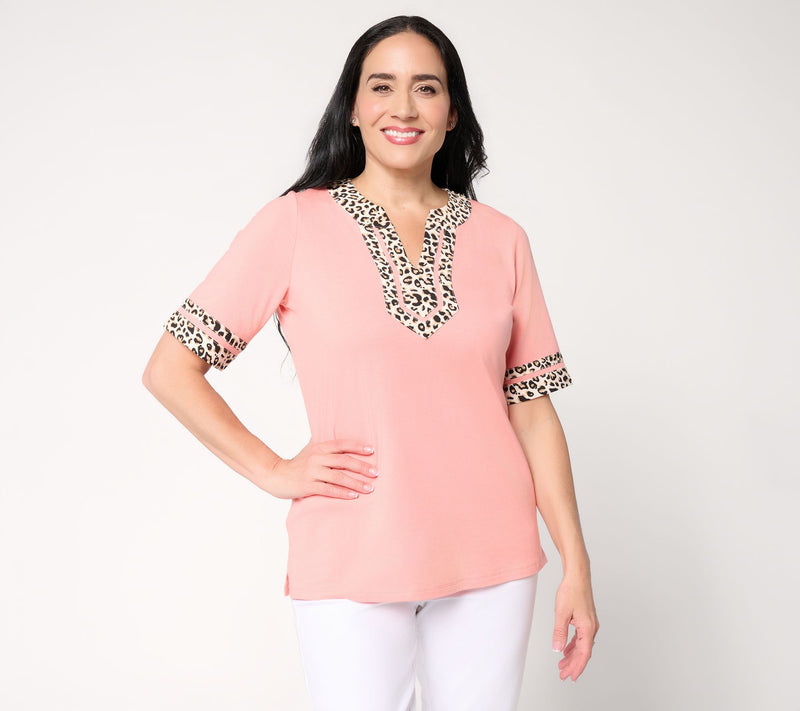 Belle by Kim Gravel Triple Luxe Lady Leopard Split Neck Top — View 13