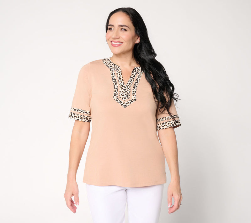 Belle by Kim Gravel Triple Luxe Lady Leopard Split Neck Top — View 15