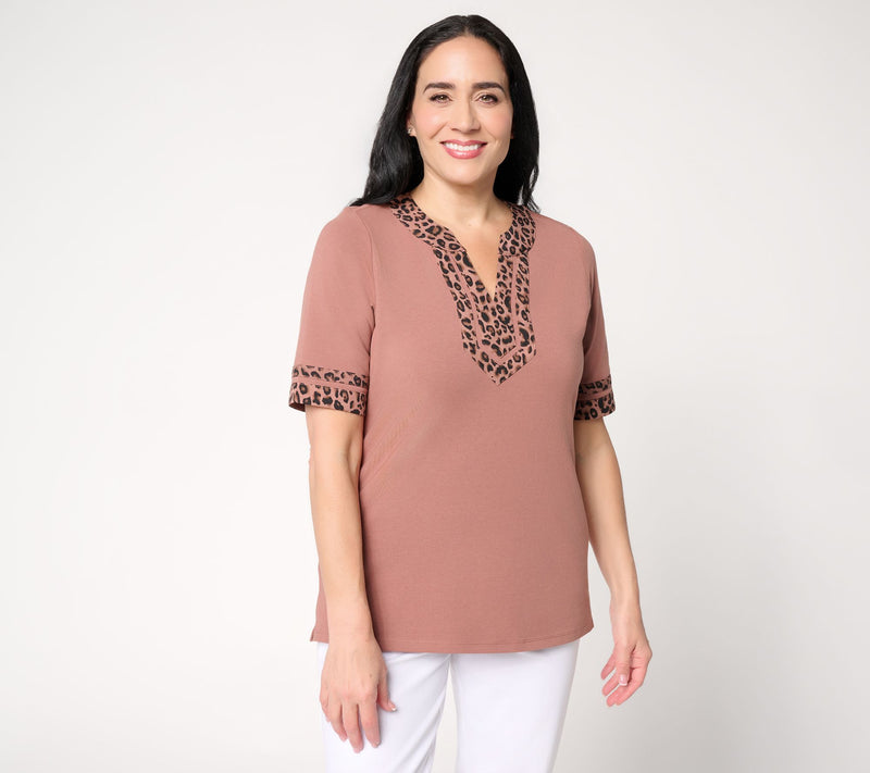 Belle by Kim Gravel Triple Luxe Lady Leopard Split Neck Top — View 16
