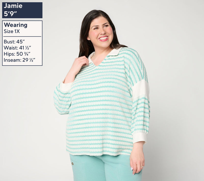 AnyBody Textured Stripe Knit 3/4 Sleeve Collared Top — View 2