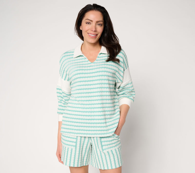 AnyBody Textured Stripe Knit 3/4 Sleeve Collared Top — View 12