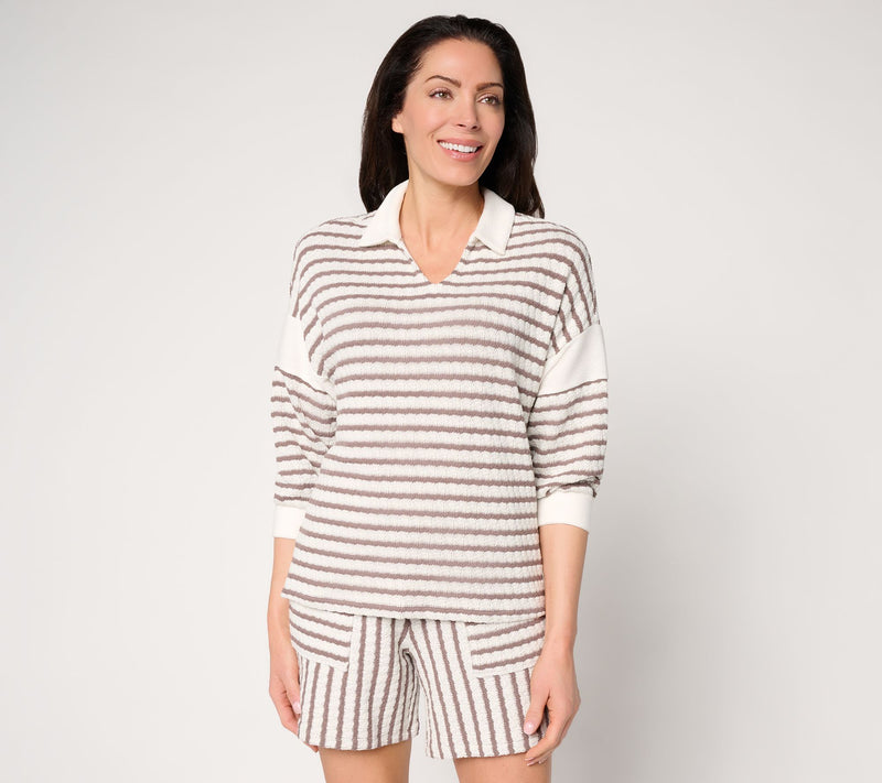 AnyBody Textured Stripe Knit 3/4 Sleeve Collared Top — View 14