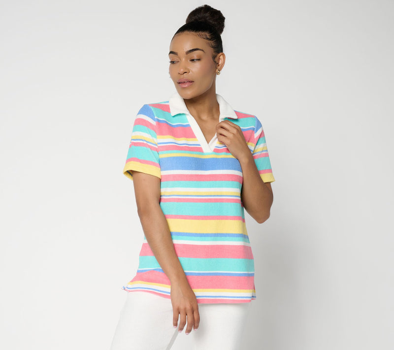 Belle Beach by Kim Gravel Poolside Terry Cabana Stripe Polo Top — Main view