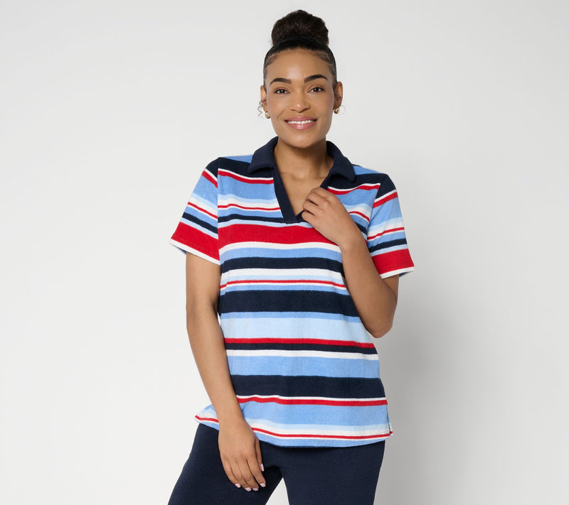 Belle Beach by Kim Gravel Poolside Terry Cabana Stripe Polo Top — View 12