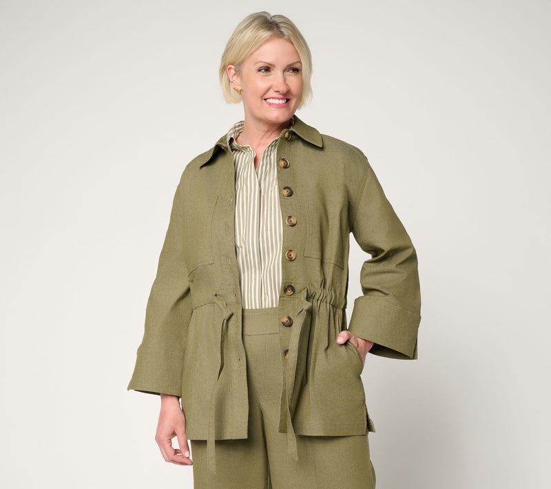 Martha Stewart Signature Stretch Twill Shacket with Drawcord Waist — View 3