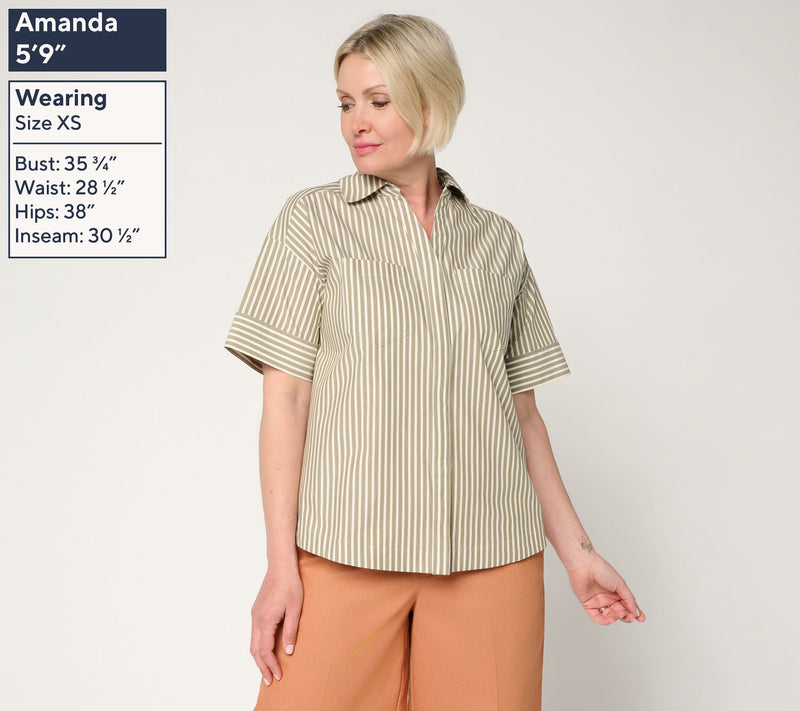 Martha Stewart Signature Striped Cotton Poplin Top with Wide Sleeves — View 2