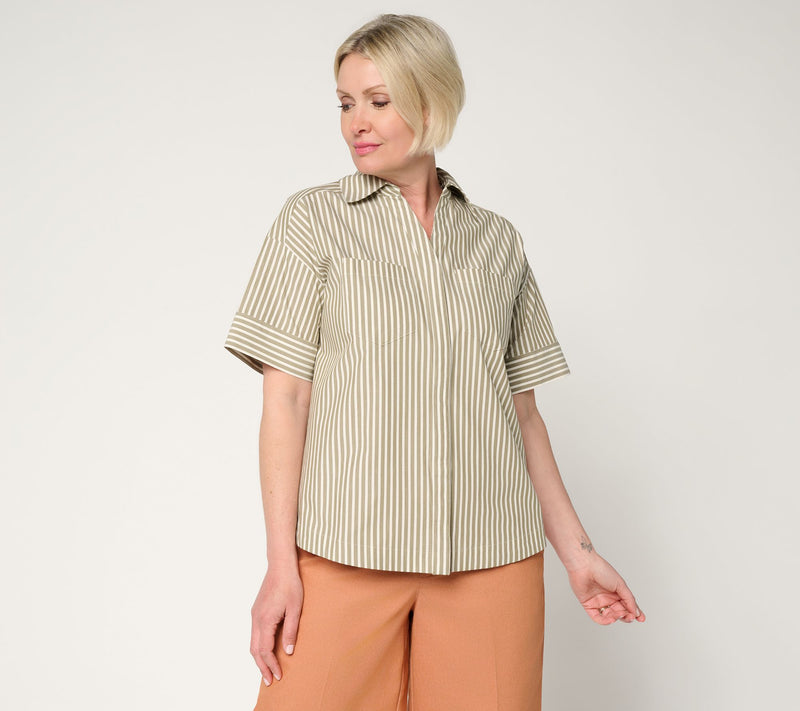 Martha Stewart Signature Striped Cotton Poplin Top with Wide Sleeves — Main view