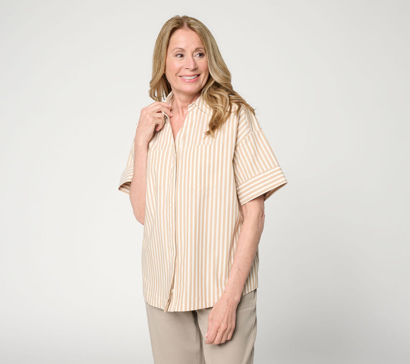 Martha Stewart Signature Striped Cotton Poplin Top with Wide Sleeves — View 9