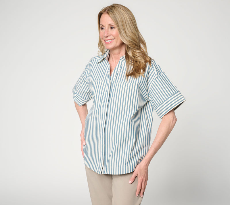 Martha Stewart Signature Striped Cotton Poplin Top with Wide Sleeves — View 10