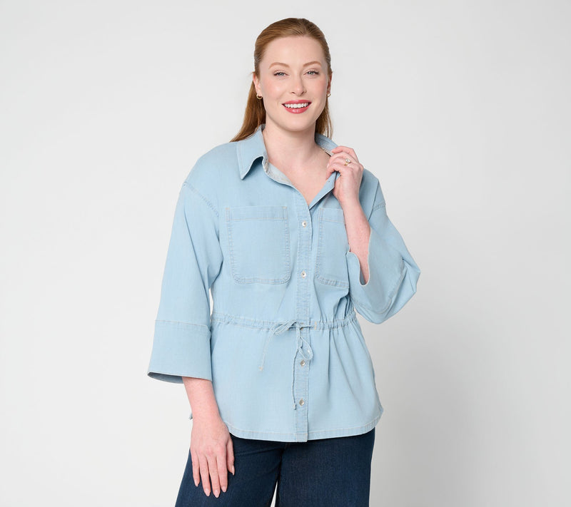 Peace Love World Cinched Tie Waist Button Up Elbow Sleeve Top — View 3