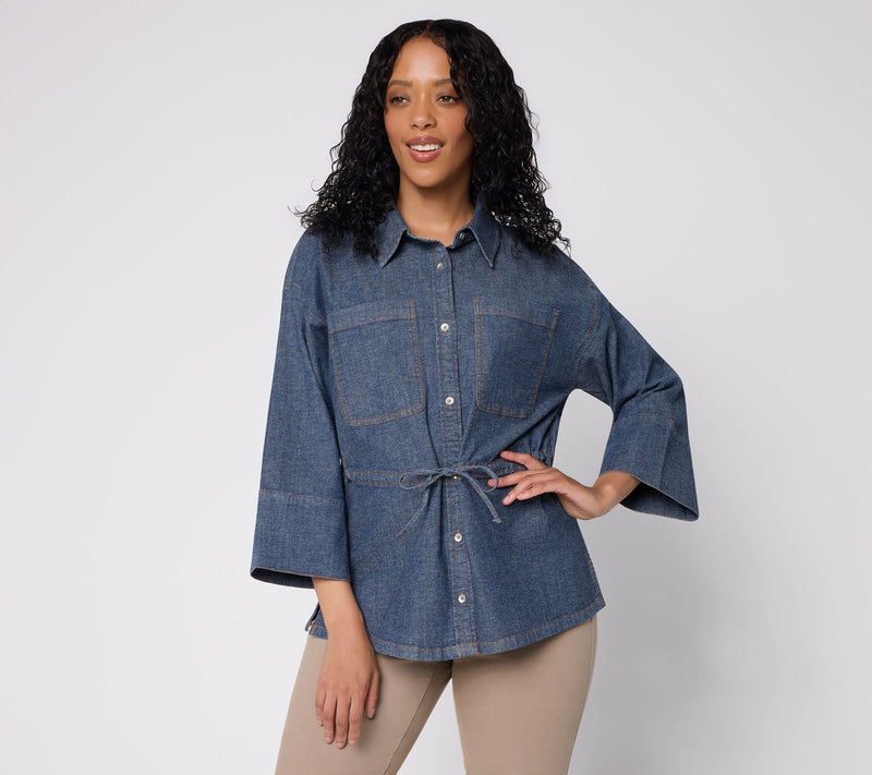Peace Love World Cinched Tie Waist Button Up Elbow Sleeve Top — View 13
