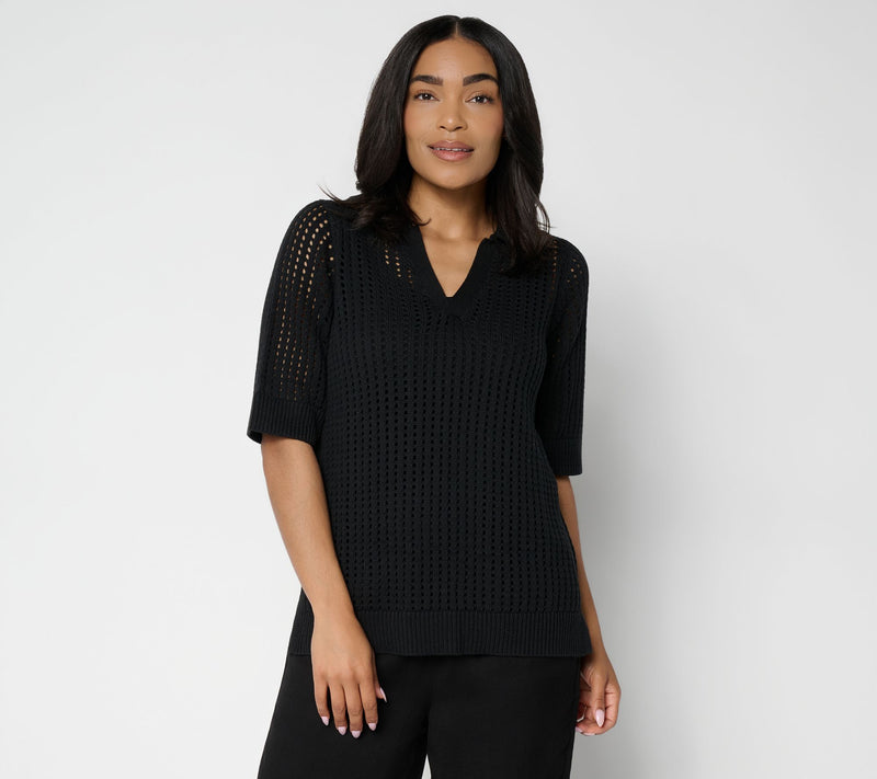 Susan Graver Open Stitch Collared Sweater — View 11