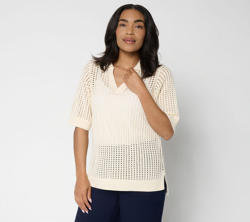 Susan Graver Open Stitch Collared Sweater — View 12