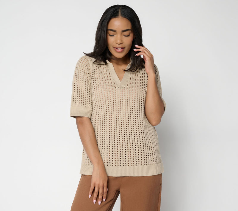 Susan Graver Open Stitch Collared Sweater — View 13