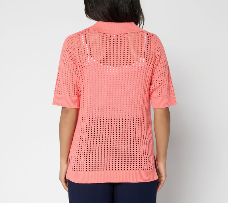 Susan Graver Open Stitch Collared Sweater — View 4