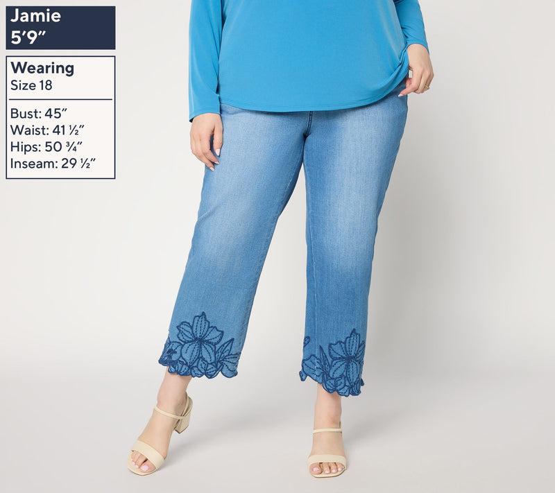 Susan Graver Petite Stretch Denim Floral Embroidery Hem Jean — View 8