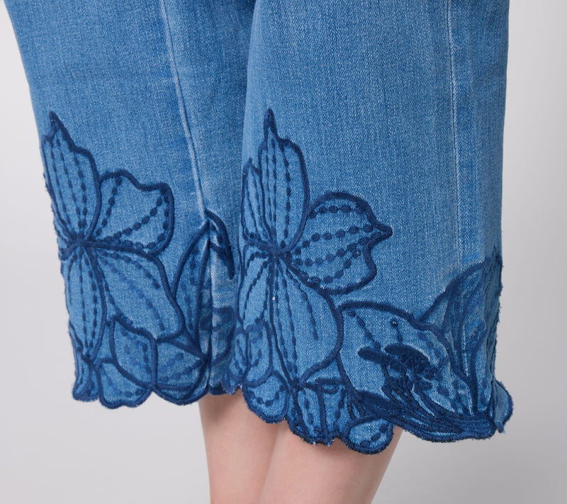 Susan Graver Petite Stretch Denim Floral Embroidery Hem Jean — View 11