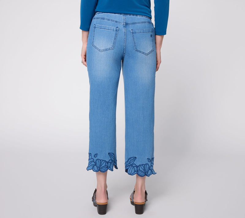 Susan Graver Petite Stretch Denim Floral Embroidery Hem Jean — View 9