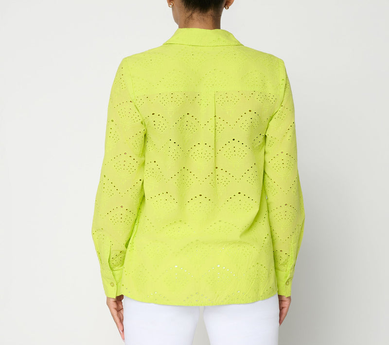 Joan Rivers Long Sleeve Button Front Eyelet Collared Shirt — View 3