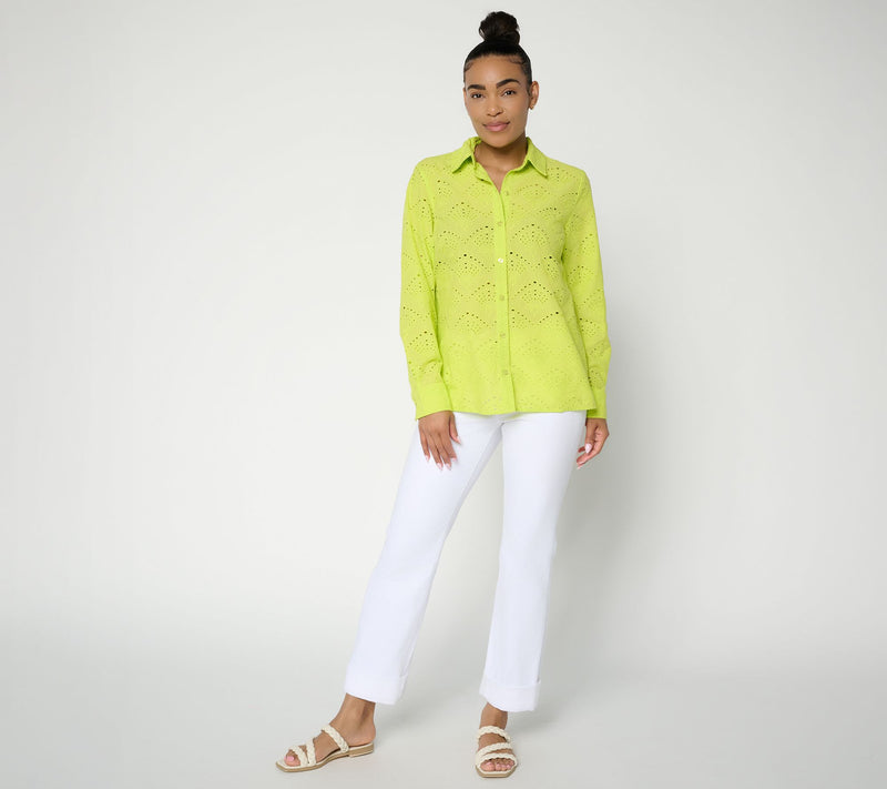 Joan Rivers Long Sleeve Button Front Eyelet Collared Shirt — View 4