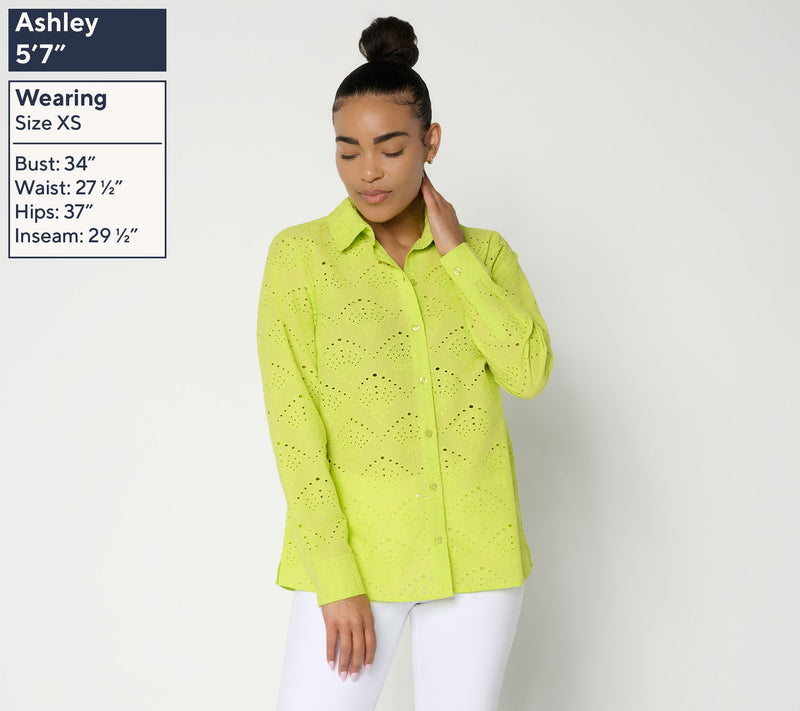 Joan Rivers Long Sleeve Button Front Eyelet Collared Shirt — View 2