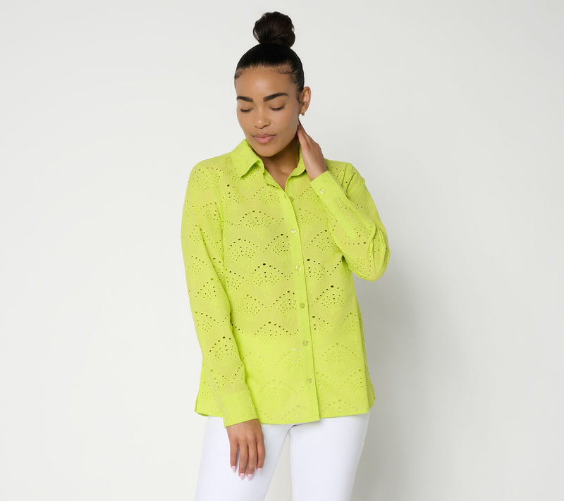 Joan Rivers Long Sleeve Button Front Eyelet Collared Shirt — Main view
