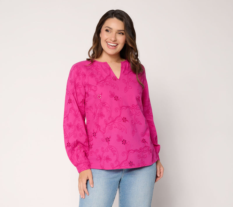 Joan Rivers Eyelet V-Neck Classic Fit Shirt — Main view