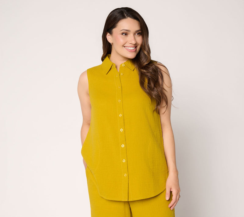 Joan Rivers Marshmallow Regular Gauze Sleeveless Boyfriend Shirt — Main view