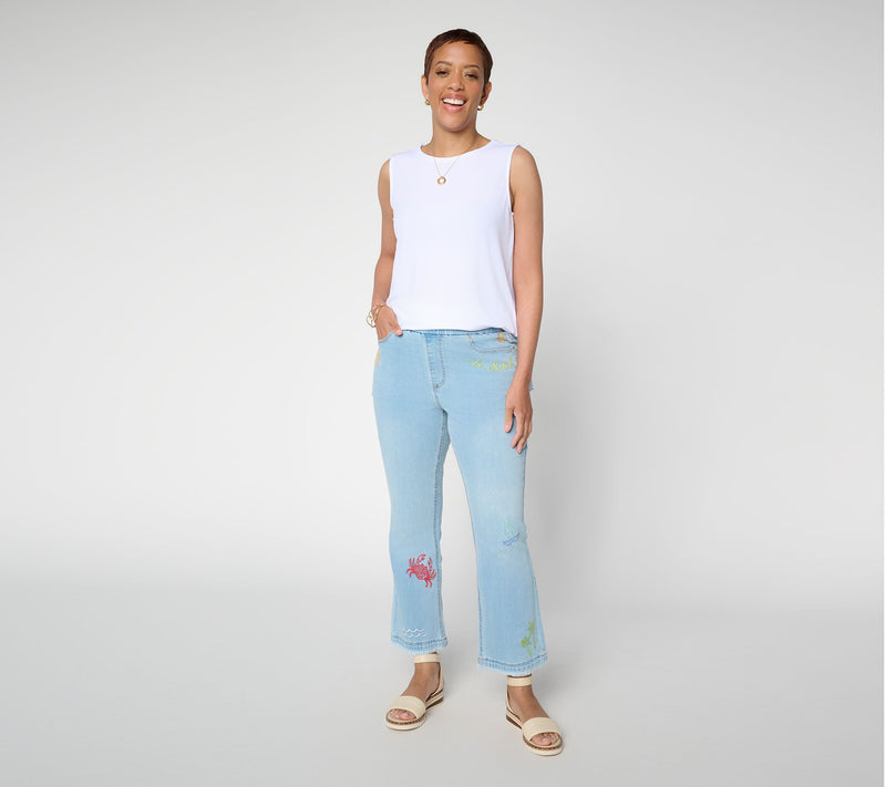 Susan Graver Petite Stretch Denim Soleil Embroidered Jeans — View 8