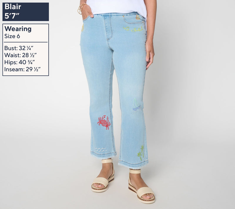 Susan Graver Petite Stretch Denim Soleil Embroidered Jeans — View 6