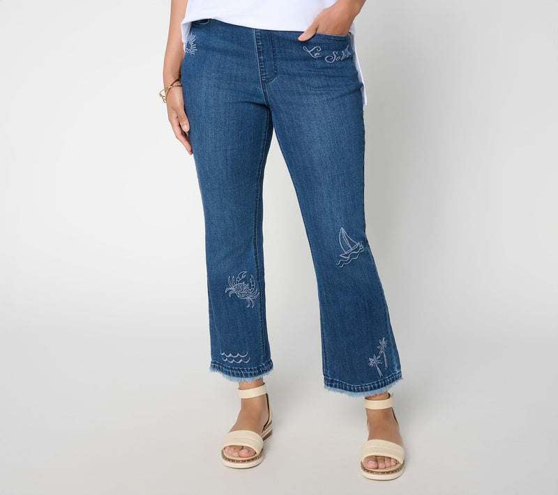 Susan Graver Petite Stretch Denim Soleil Embroidered Jeans — View 3