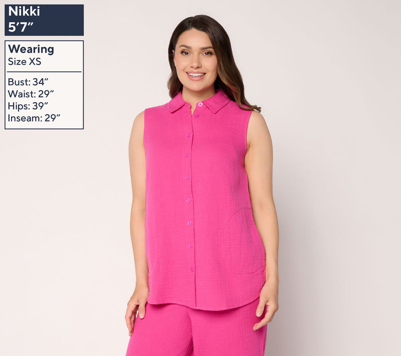 Joan Rivers Marshmallow Gauze Petite Sleeve-Less Boyfriend Shirt — View 9