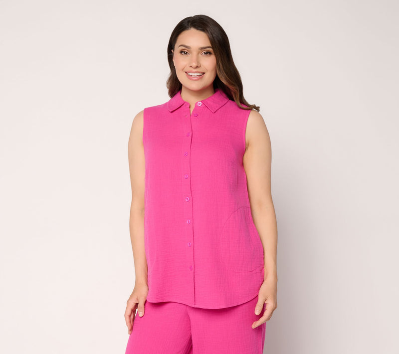 Joan Rivers Marshmallow Gauze Petite Sleeve-Less Boyfriend Shirt — View 7
