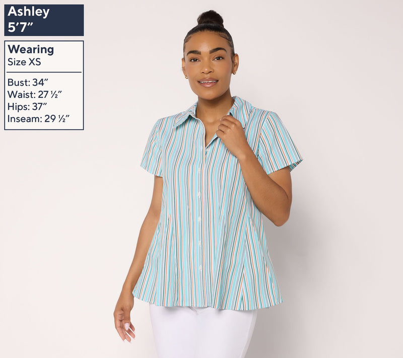 Attitudes by Renee Striped Godet Button Front Top — View 3