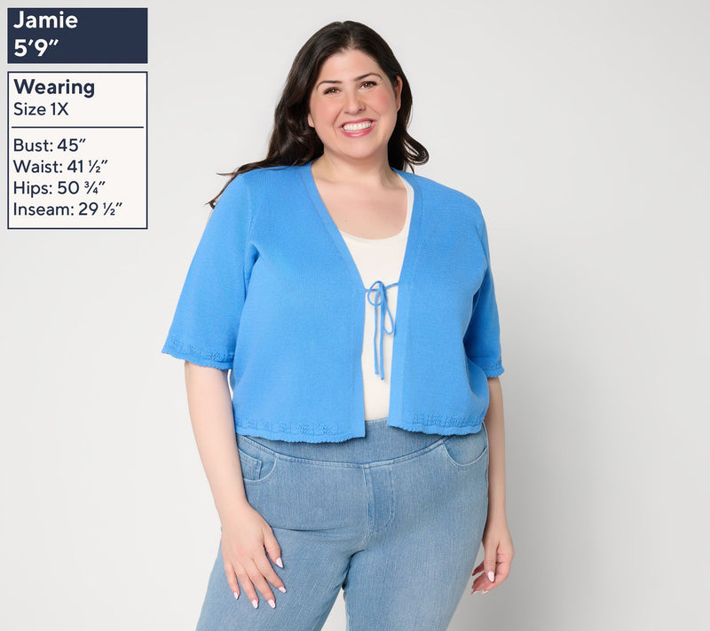 Denim & Co. 100% Cotton Tie Front Elbow Sleeve Shrug — View 2
