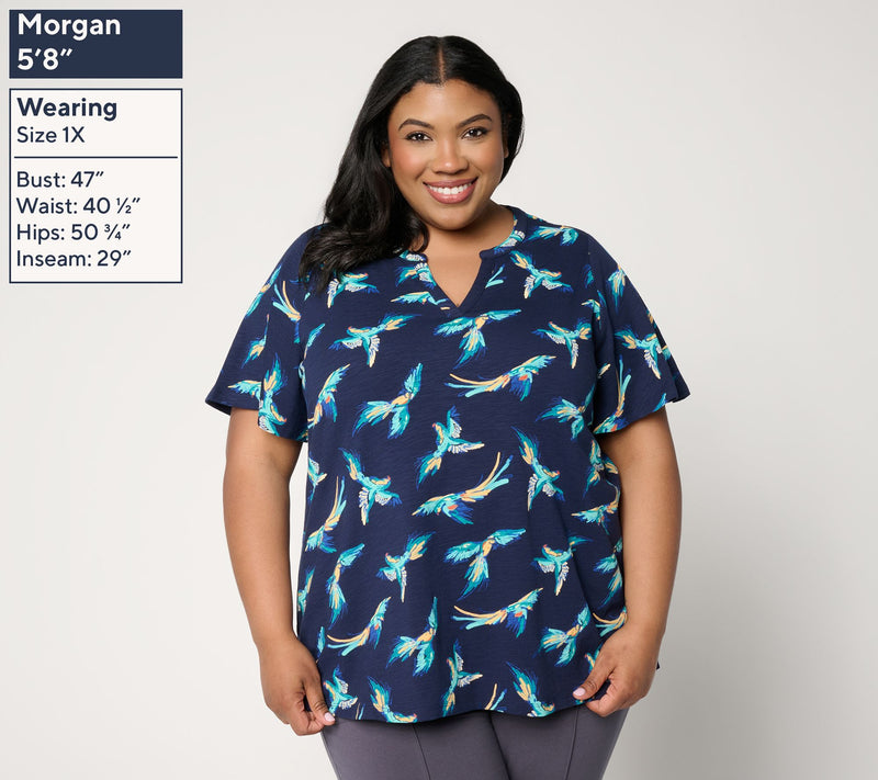 Denim & Co. Printed Texture Knit Short Sleeve Split Neck Top — View 2